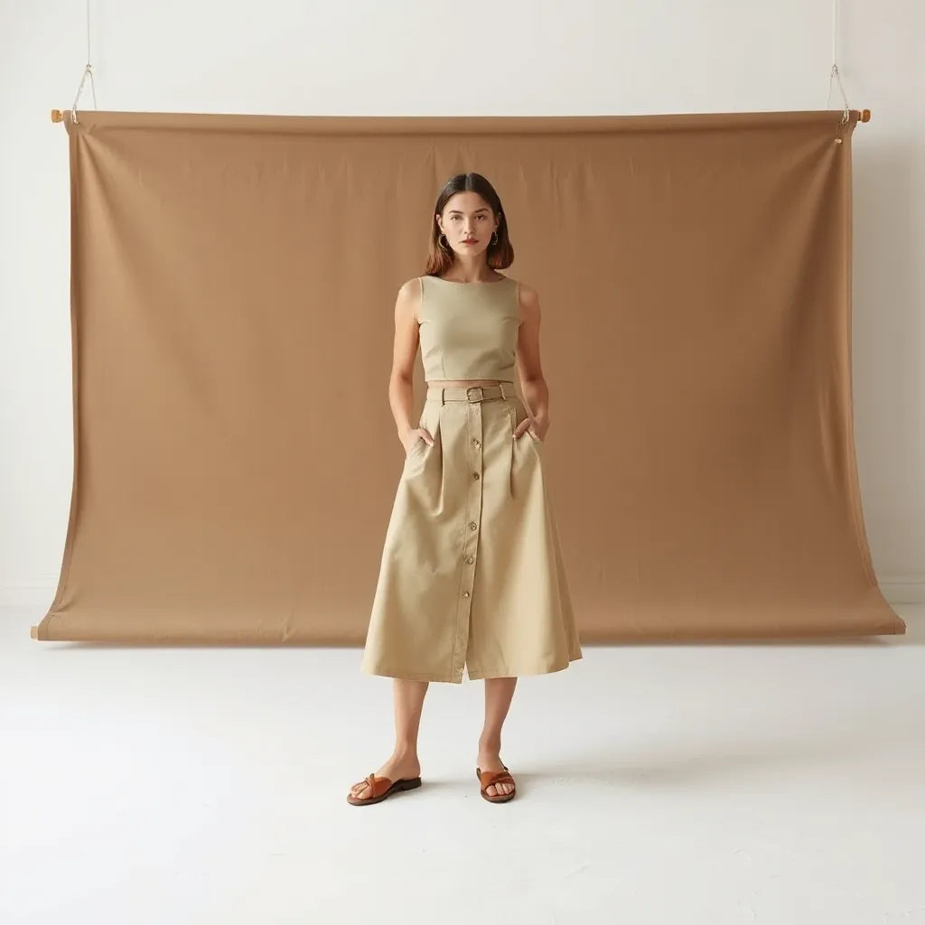 Model wearing a matching cropped top and midi skirt set in a minimal studio setting