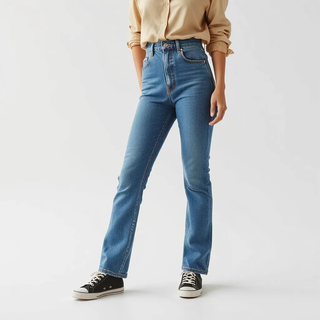 Woman wearing high waisted jeans with a tucked-in top in a clean studio setting