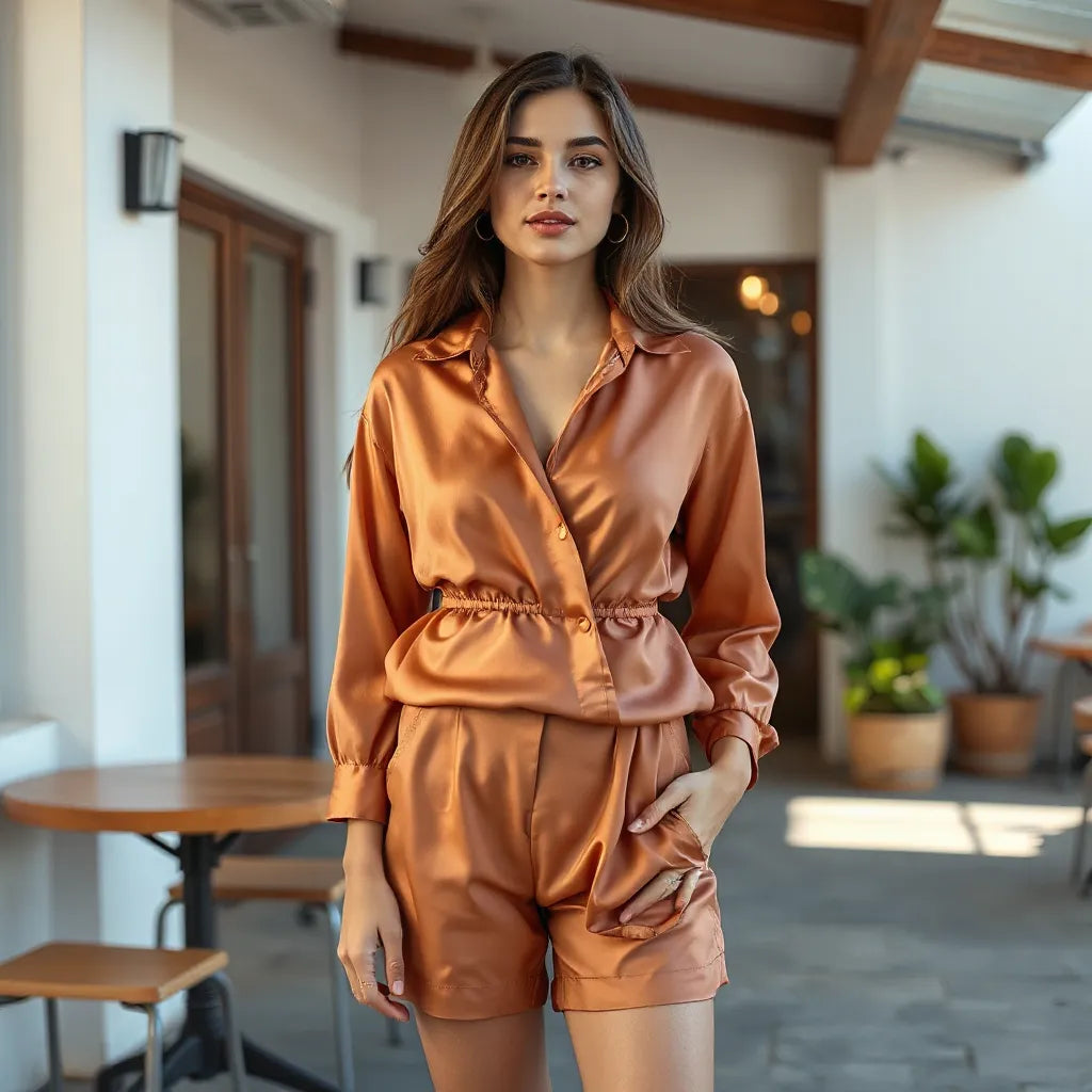Model in a lightweight satin blouse with warm summer styling in natural daylight