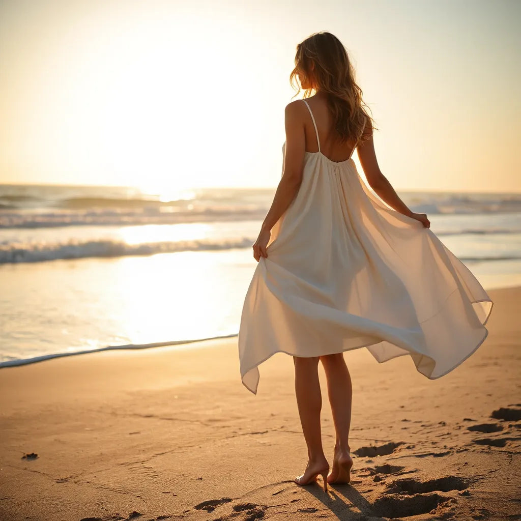 Woman in a flowing beach dress standing near the shoreline with ocean waves in soft focus
