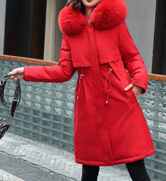 Winter Women Cotton Padded Clothing Mid Length Big Fur Collar Fleece-Lined Cotton Padded Jacket down Padded Jacket Cotton Padded Coat - Iyanka
