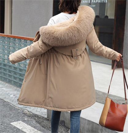 Winter Women Cotton Padded Clothing Mid Length Big Fur Collar Fleece-Lined Cotton Padded Jacket down Padded Jacket Cotton Padded Coat - Iyanka