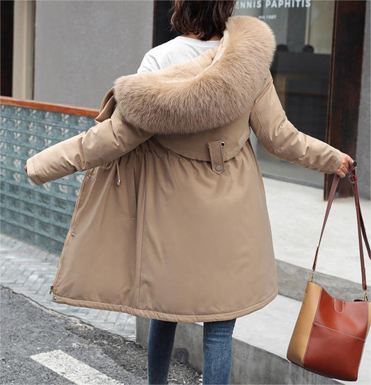 Winter Women Cotton Padded Clothing Mid Length Big Fur Collar Fleece-Lined Cotton Padded Jacket down Padded Jacket Cotton Padded Coat - Iyanka
