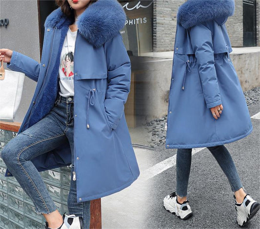 Winter Women Cotton Padded Clothing Mid Length Big Fur Collar Fleece-Lined Cotton Padded Jacket down Padded Jacket Cotton Padded Coat - Iyanka