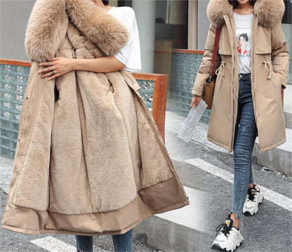 Winter Women Cotton Padded Clothing Mid Length Big Fur Collar Fleece-Lined Cotton Padded Jacket down Padded Jacket Cotton Padded Coat - Iyanka