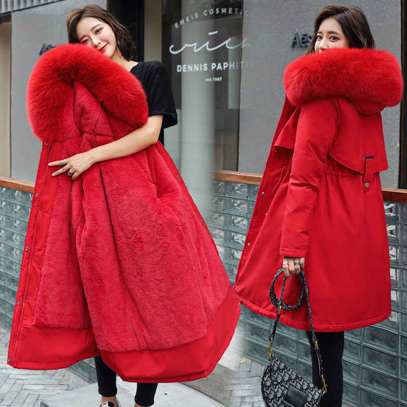 Winter Women Cotton Padded Clothing Mid Length Big Fur Collar Fleece-Lined Cotton Padded Jacket down Padded Jacket Cotton Padded Coat - Iyanka