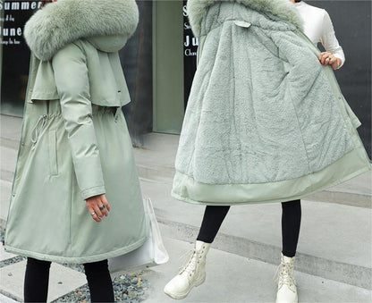 Winter Women Cotton Padded Clothing Mid Length Big Fur Collar Fleece-Lined Cotton Padded Jacket down Padded Jacket Cotton Padded Coat - Iyanka