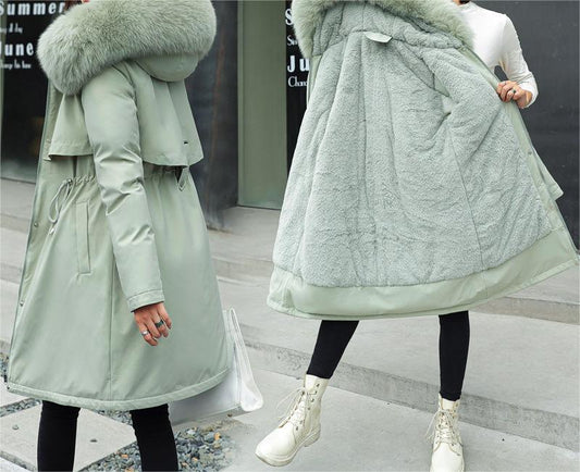 Winter Women Cotton Padded Clothing Mid Length Big Fur Collar Fleece-Lined Cotton Padded Jacket down Padded Jacket Cotton Padded Coat - Iyanka
