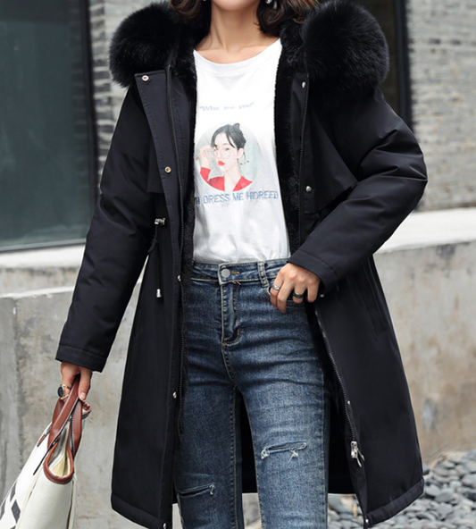 Winter Women Cotton Padded Clothing Mid Length Big Fur Collar Fleece-Lined Cotton Padded Jacket down Padded Jacket Cotton Padded Coat - Iyanka