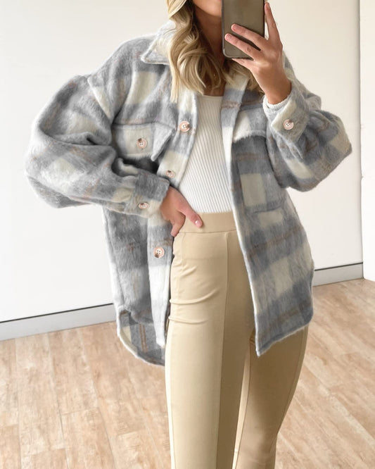 Winter Women Clothing Plaid Large Pocket Coarse Wool Coat - Iyanka