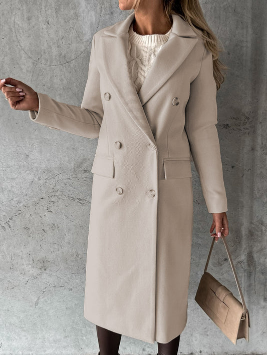 Autumn Winter Women Clothing Long Sleeve Polo Collar Solid Color Double Breasted Slim Fit Coat Overcoat - Iyanka