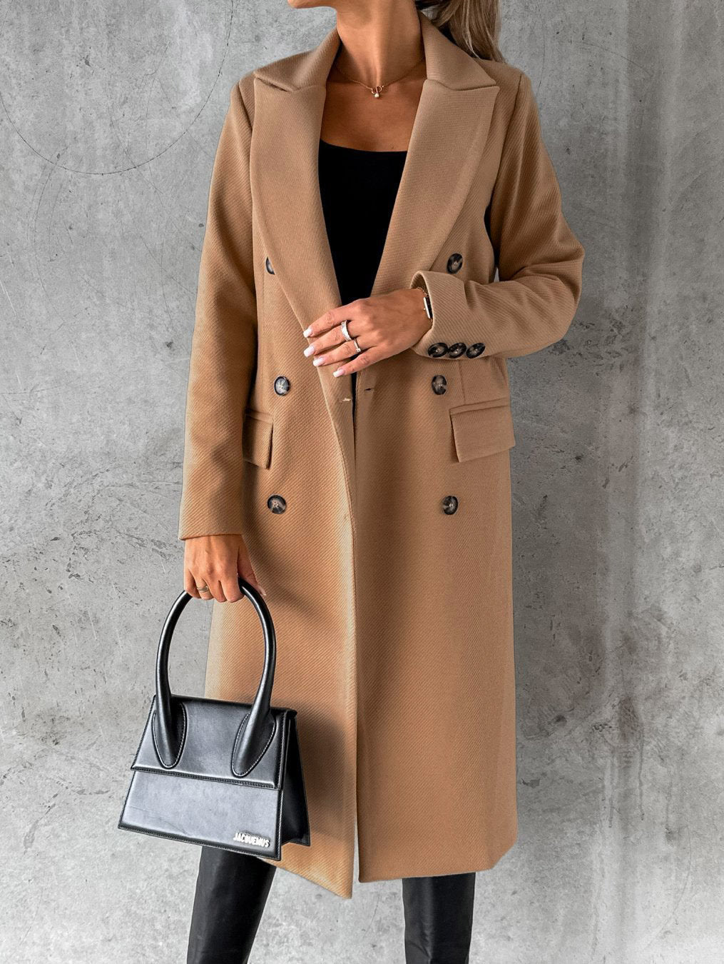 Autumn Winter Women Clothing Long Sleeve Polo Collar Solid Color Double Breasted Slim Fit Coat Overcoat - Iyanka