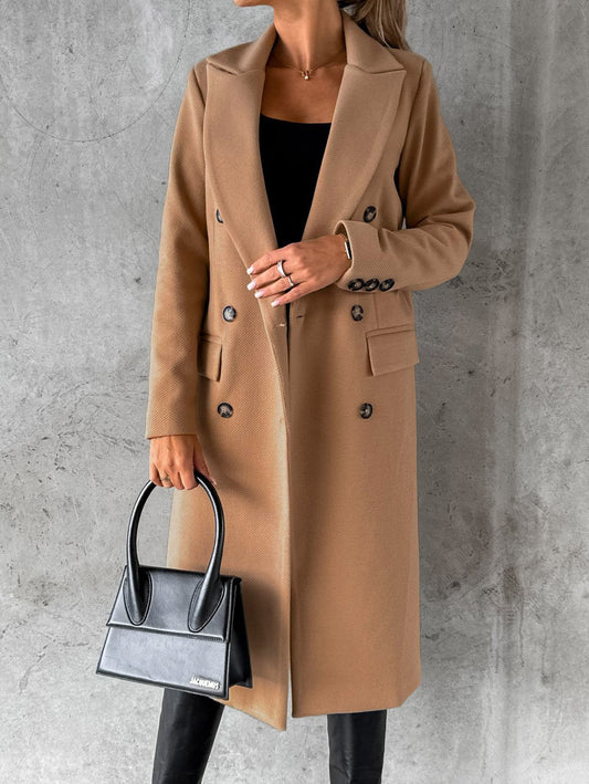 Autumn Winter Women Clothing Long Sleeve Polo Collar Solid Color Double Breasted Slim Fit Coat Overcoat - Iyanka