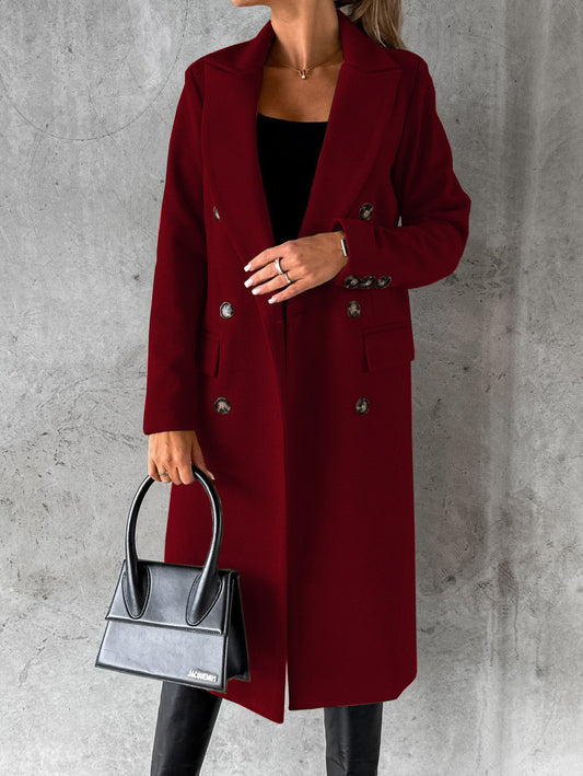 Autumn Winter Women Clothing Long Sleeve Polo Collar Solid Color Double Breasted Slim Fit Coat Overcoat - Iyanka