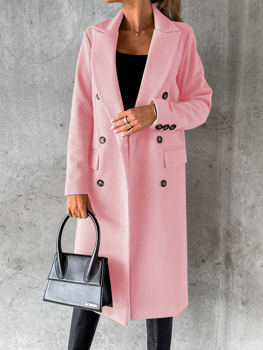 Autumn Winter Women Clothing Long Sleeve Polo Collar Solid Color Double Breasted Slim Fit Coat Overcoat - Iyanka