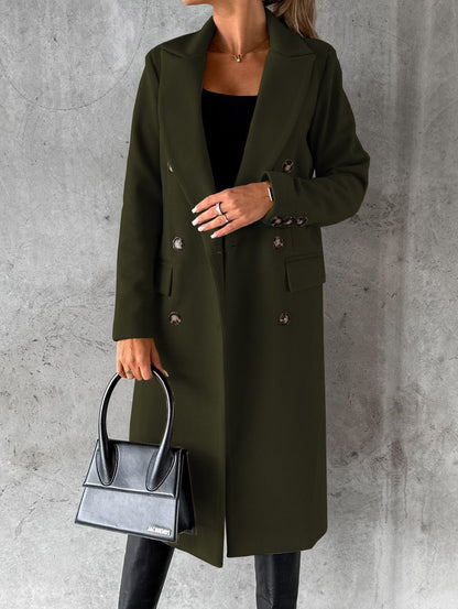 Autumn Winter Women Clothing Long Sleeve Polo Collar Solid Color Double Breasted Slim Fit Coat Overcoat - Iyanka