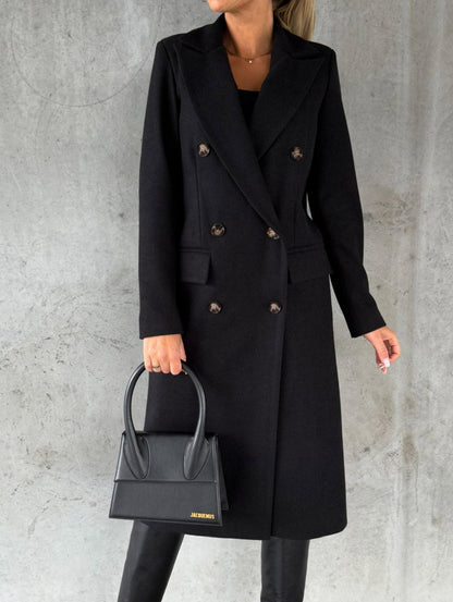 Autumn Winter Women Clothing Long Sleeve Polo Collar Solid Color Double Breasted Slim Fit Coat Overcoat - Iyanka