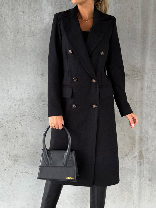 Autumn Winter Women Clothing Long Sleeve Polo Collar Solid Color Double Breasted Slim Fit Coat Overcoat - Iyanka