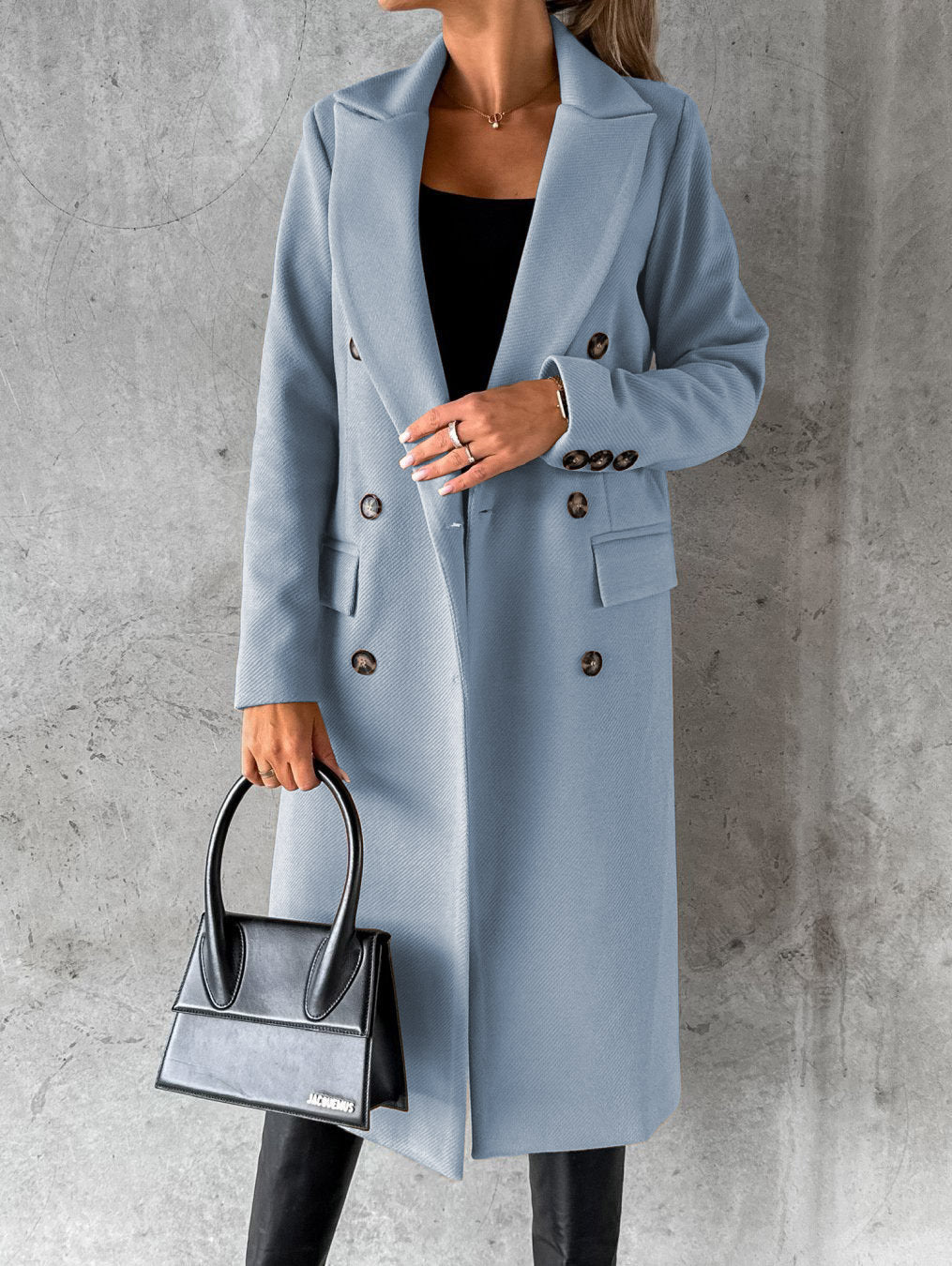 Autumn Winter Women Clothing Long Sleeve Polo Collar Solid Color Double Breasted Slim Fit Coat Overcoat - Iyanka