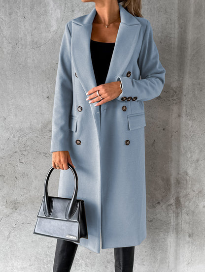 Autumn Winter Women Clothing Long Sleeve Polo Collar Solid Color Double Breasted Slim Fit Coat Overcoat - Iyanka