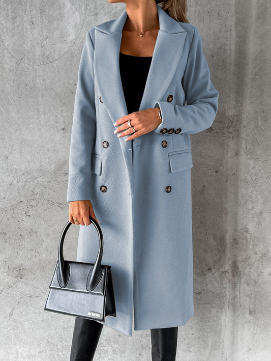 Autumn Winter Women Clothing Long Sleeve Polo Collar Solid Color Double Breasted Slim Fit Coat Overcoat - Iyanka