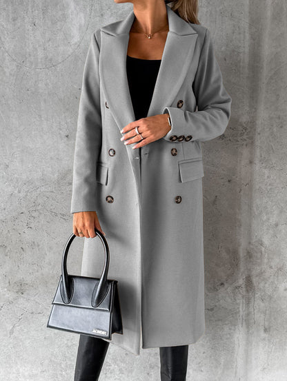 Autumn Winter Women Clothing Long Sleeve Polo Collar Solid Color Double Breasted Slim Fit Coat Overcoat - Iyanka