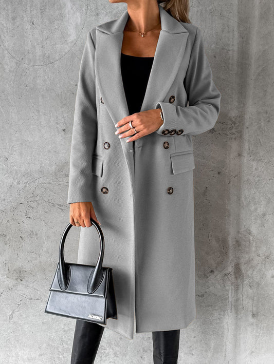 Autumn Winter Women Clothing Long Sleeve Polo Collar Solid Color Double Breasted Slim Fit Coat Overcoat - Iyanka