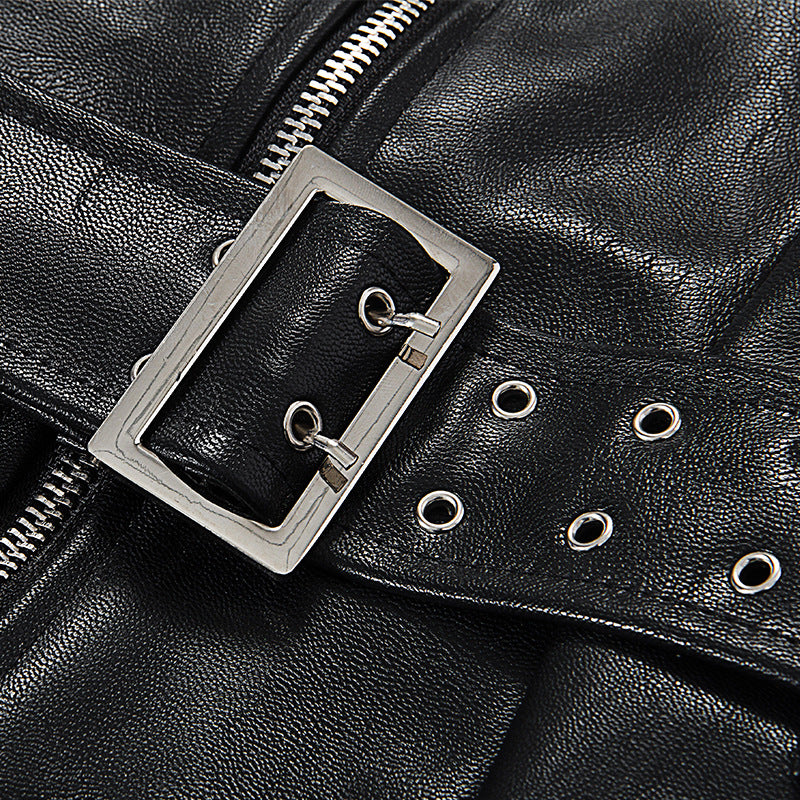 Spring Slim Fit Belt off Neck Faux Leather Zipper Tube Dress