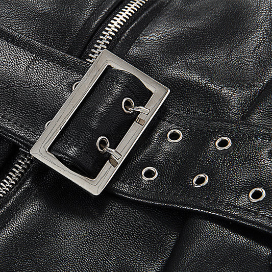 Spring Slim Fit Belt off Neck Faux Leather Zipper Tube Dress