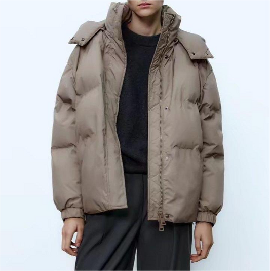 Autumn Women Clothing Khaki Hat Detachable Cotton Jacket Coat - Iyanka
