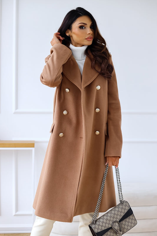Autumn Winter Simplicity Long Sleeve Collared Double Breasted Woolen Coat Women Clothing - Iyanka