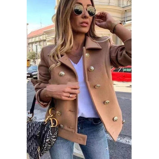 Fall Winter Slim Long Sleeve Double Breasted Collar Woolen Jacket - Iyanka