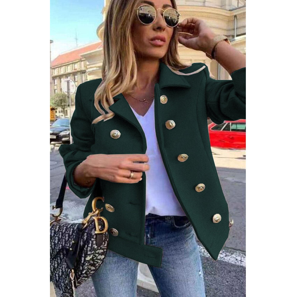 Fall Winter Slim Long Sleeve Double Breasted Collar Woolen Jacket - Iyanka
