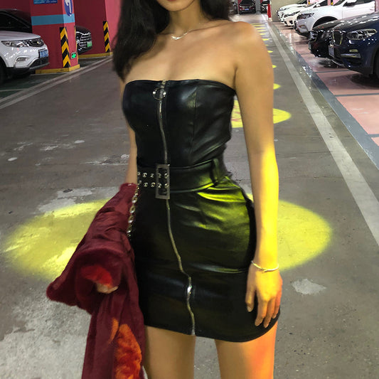 Spring Slim Fit Belt off Neck Faux Leather Zipper Tube Dress - Iyanka