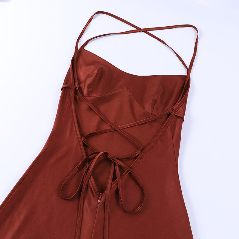 Women Clothing Sexy Strap Satin Dress Autumn Backless Lace up Waist Controlled Maxi Dress - Iyanka