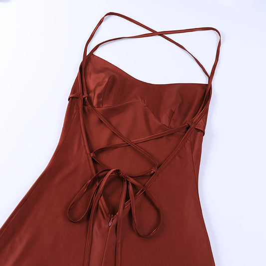 Women Clothing Sexy Strap Satin Dress Autumn Backless Lace up Waist Controlled Maxi Dress - Iyanka