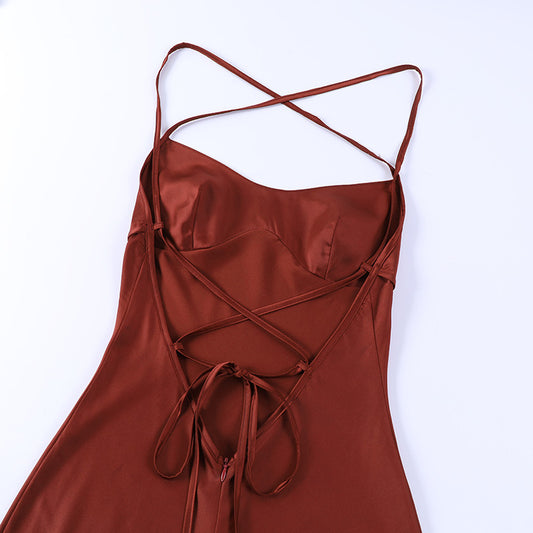 Women Clothing Sexy Strap Satin Dress Autumn Backless Lace up Waist Controlled Maxi Dress - Iyanka