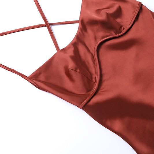 Women Clothing Sexy Strap Satin Dress Autumn Backless Lace up Waist Controlled Maxi Dress - Iyanka