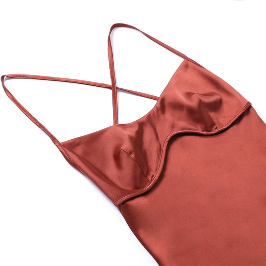 Women Clothing Sexy Strap Satin Dress Autumn Backless Lace up Waist Controlled Maxi Dress - Iyanka