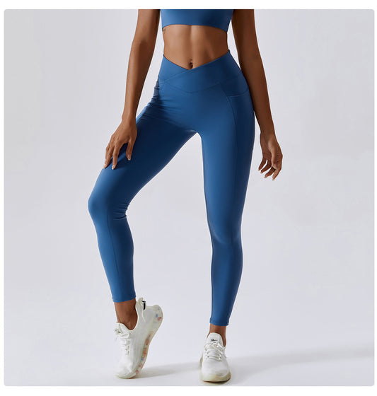 Nude Feel Yoga Pants Hip Lifting Pocket Quick Drying Fitness Pants Criss Cross Waist Head Skinny Running Sports Pants Women - Iyanka