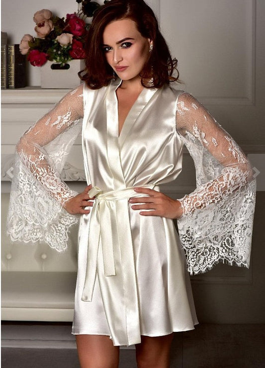 Sexy Lingerie Lace See through Long Sleeve Imitation Ice Silk Robe - Iyanka