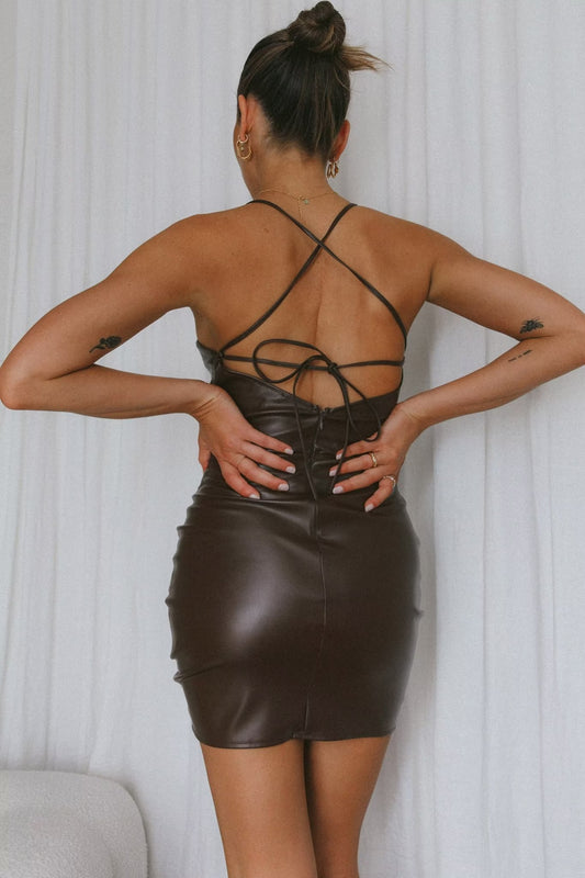 Spring Adult Lady Woman Sexy Side Drawstring Faux Leather Sling Leather Hip Dress - Iyanka