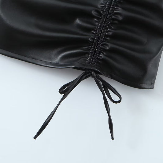 Spring Adult Lady Woman Sexy Side Drawstring Faux Leather Sling Leather Hip Dress - Iyanka