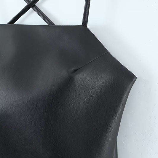 Spring Adult Lady Woman Sexy Side Drawstring Faux Leather Sling Leather Hip Dress - Iyanka