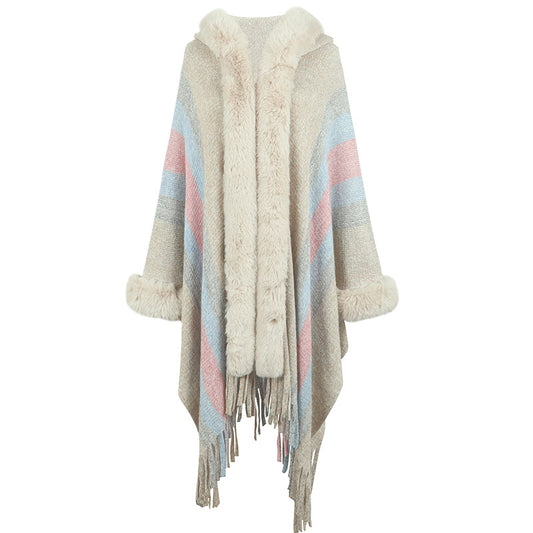 Hooded Cape for Women Autumn Winter Striped Knitted Tassel Shawl - Iyanka