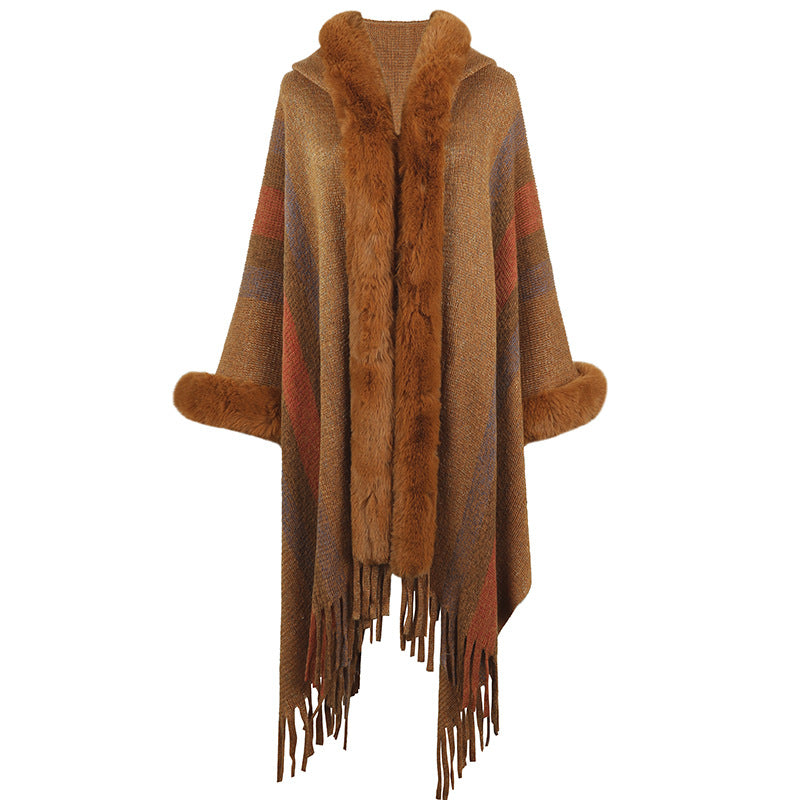 Hooded Cape for Women Autumn Winter Striped Knitted Tassel Shawl - Iyanka