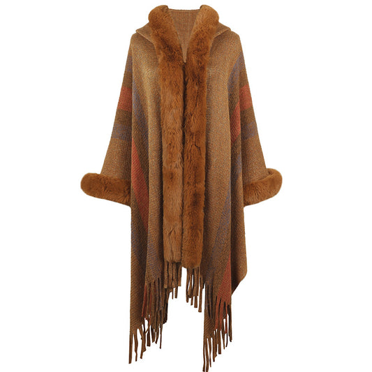 Hooded Cape for Women Autumn Winter Striped Knitted Tassel Shawl - Iyanka