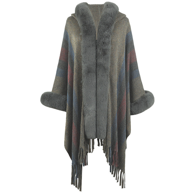 Hooded Cape for Women Autumn Winter Striped Knitted Tassel Shawl - Iyanka