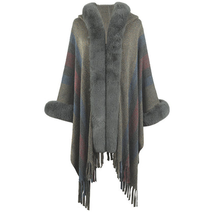 Hooded Cape for Women Autumn Winter Striped Knitted Tassel Shawl - Iyanka