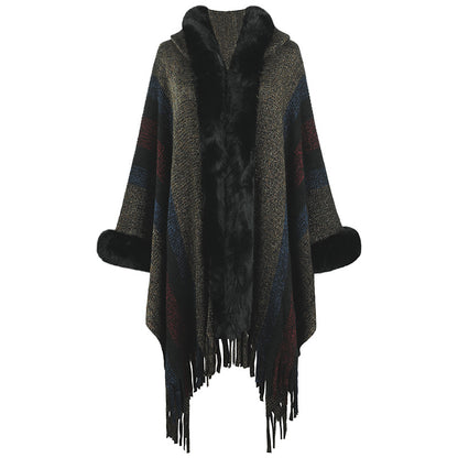 Hooded Cape for Women Autumn Winter Striped Knitted Tassel Shawl - Iyanka